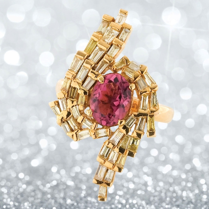 Pink Tourmaline with yellow diamonds ring