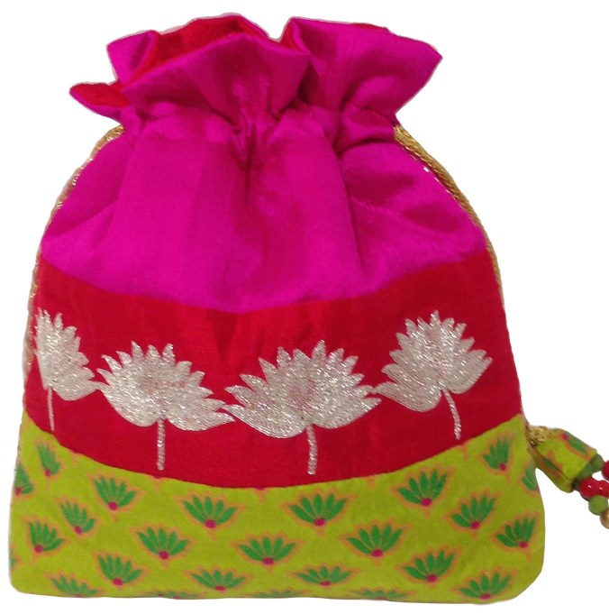 Multicolor rawsilk drawstring bag with silver embroidery, the sandalwood room