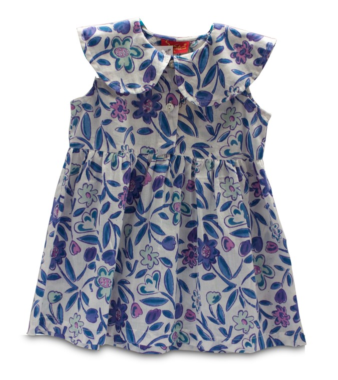 White hand block printed frock with shades of indigo, fuchsia and green