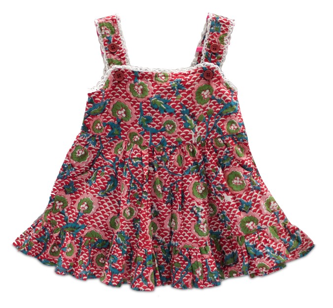 Multi-coloured hand block printed cotton frock with adjustable shoulder straps