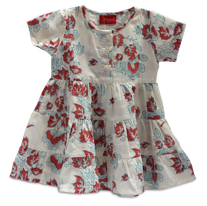 A pretty white cotton frock hand block printed in red and blue