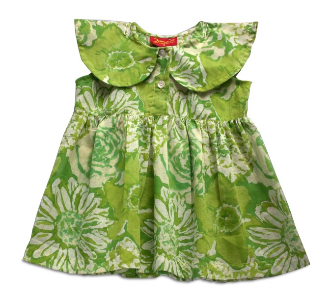 Cotton hand block printed green baby frock