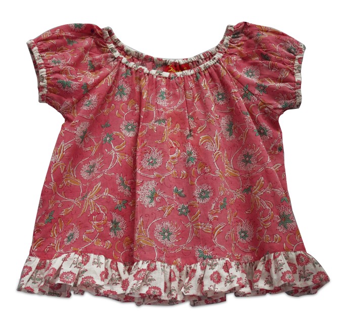 Simple red-pink cotton hand block printed frock with white frill at the hem