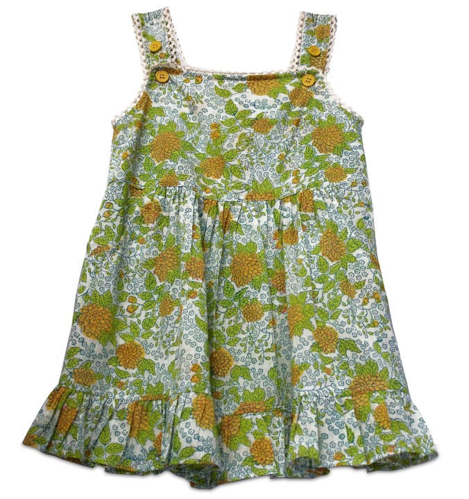 Sprightly green and yellow cotton hand block printed frock