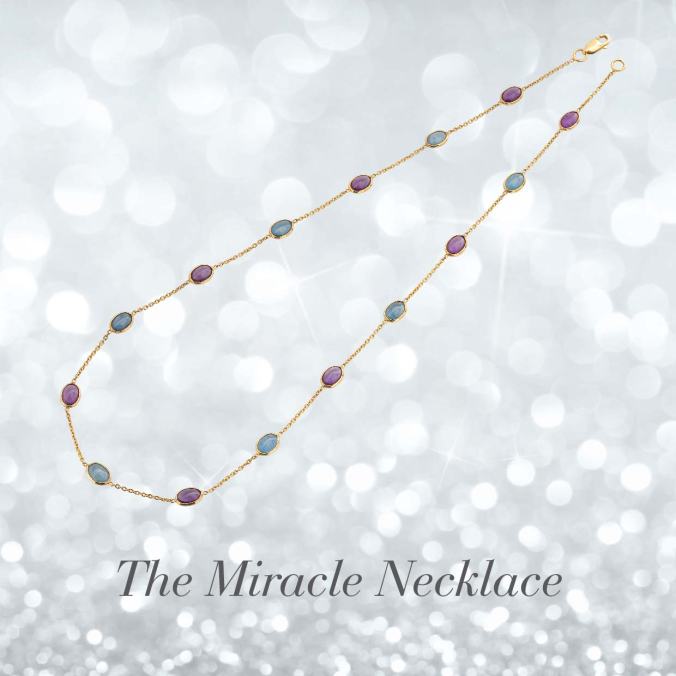 gemstone jewelry, 18 carat gold neck chain with amethyst and aquamarine, the sandalwood room