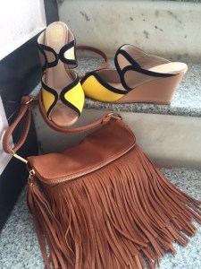 brown fringe sling bag with yellow wedge sandals