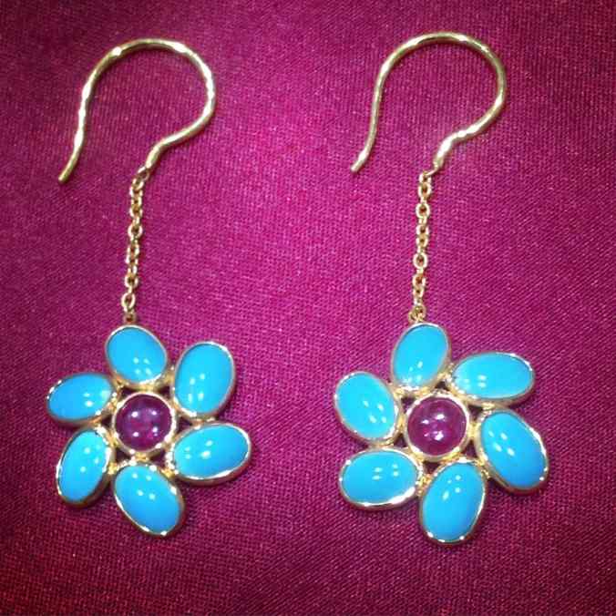 gemstone jewelry, turquoise and ruby hook earrrings in 18 carat gold, the sandalwood room