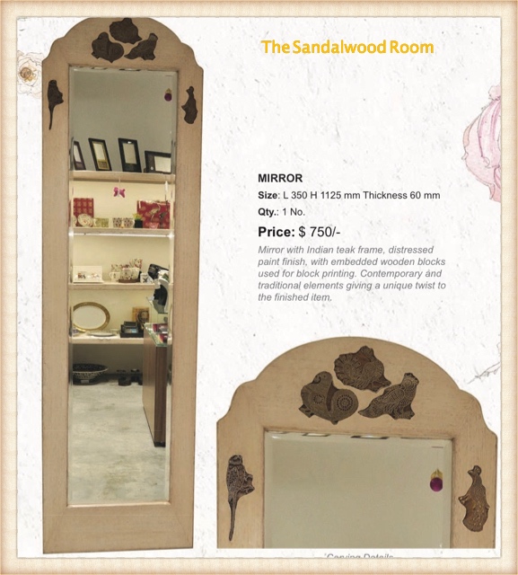 Long wall mirror with decorative frame and hand block print blocks inlaid, the sandalwood room