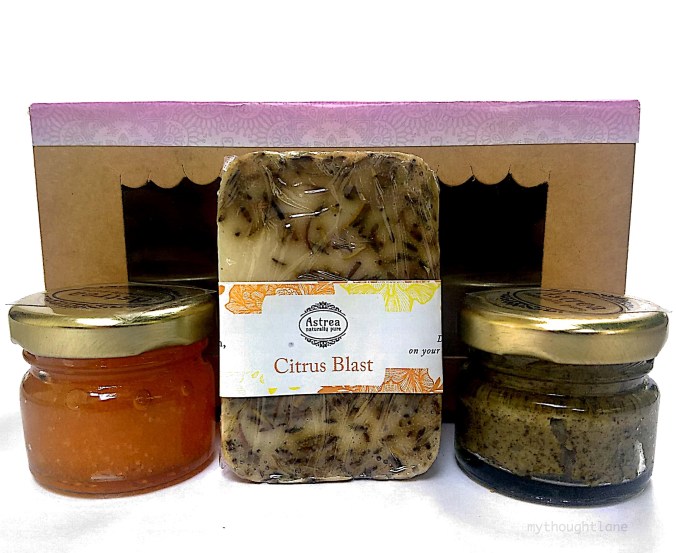 two scrubs and one spa bar in Astrea diwali gift hamper